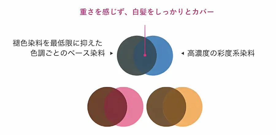 褐色染料を最低限に抑えた色調ごとのベース染料を設計。
且つ、彩度系染料を高濃度で配合。
色彩豊かで重さを感じず、色みも濃いため、白髪をしっかりとカバーすることができる。