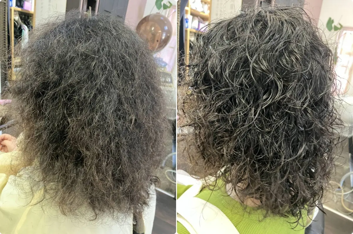 無重力パーマを使った施術 美容室ノエル様 施術前と施術後　