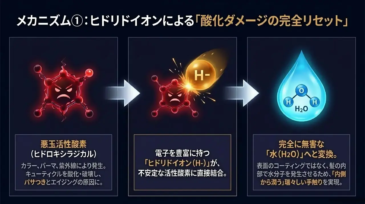 メカニズム①ヒドリドイオンによる「酸化ダメージの完全リセット」