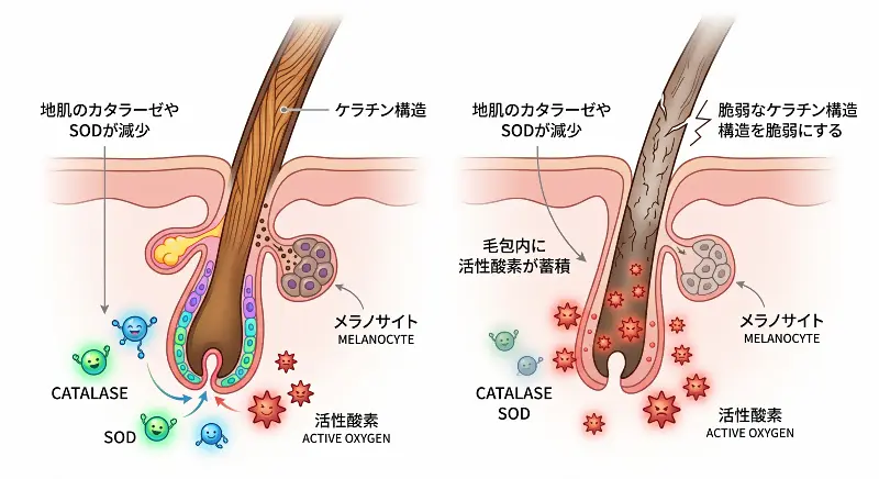 地肌のカタラーゼやSOD（抗酸化酵素）が減少し、毛包内に活性酸素が蓄積。これがメラノサイトの機能を低下させ（白髪の原因）、同時に髪の弾力を生むケラチン構造を脆弱にします。