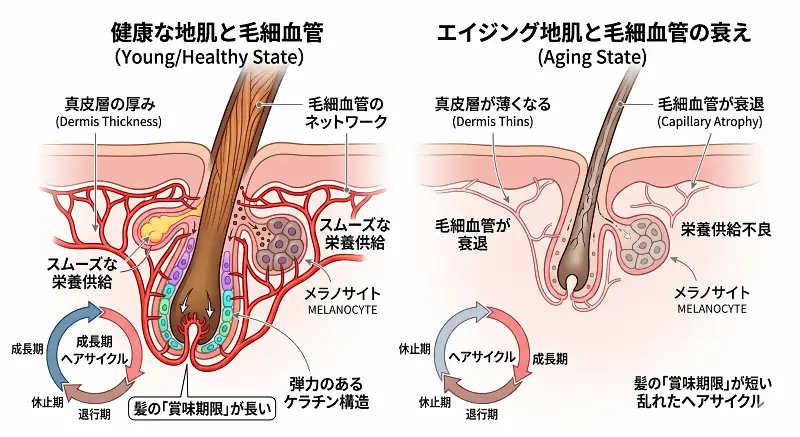 地肌の厚みの変化（毛細血管の衰え）
加齢による真皮層の厚みの減少と血行不良。栄養供給がスムーズに行われないため、髪の「賞味期限」が短くなり、ヘアサイクルが乱れます。