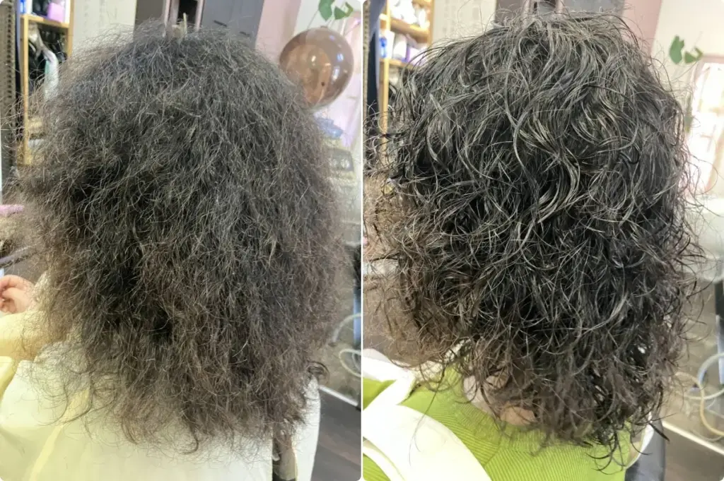 無重力+酸性デジタルパーマを使用した施術例　施術前と後